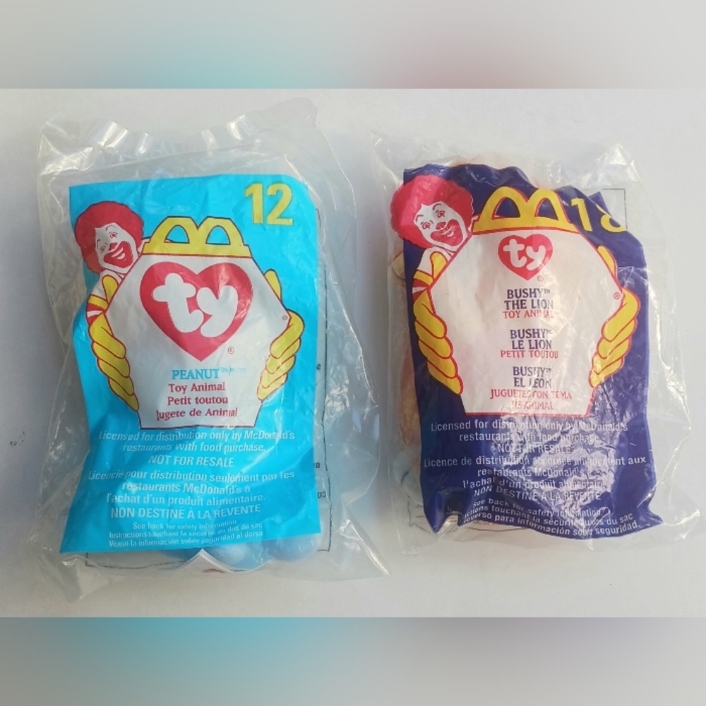 McDonalds PEANUT 1998 BUSHY THE LION 2000 TY TEENIE BEANIE BABIES Happy Meal Toy